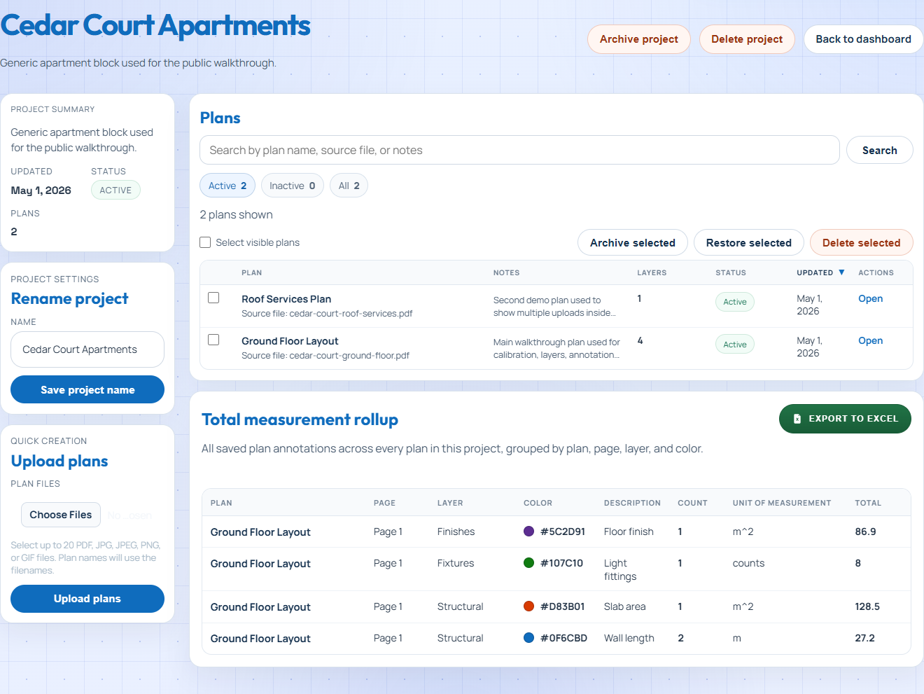 Project detail page with upload plans form and plans list